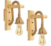 LEDSone Vintage 2 Pack of 30 cm Wooden and Rope Wall Light Retro Fixture Decorative Pendant E27 Bulb Base Ceiling Hanging lamp Shades.