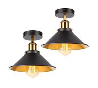 LEDSone Vintage 2 Pack Semi Flush Mount Ceiling Lights for Hallway, Bedroom,Kitchen 22cm Conical Lamp Shade E27 Base Holder Lighting Fixture Black Inner White with Bulb