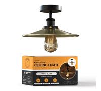 LEDSone Vintage Ceiling Light E27 Edison Industrial Chandeliers Flush Mounted Green Brass 22cm Lampshade Metal LED Ceiling Lighting Fixture for Bedroom Kitchen Living Room EPC with Bulb