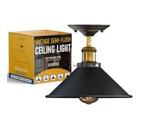 LEDSone Vintage Ceiling Light Semi Flush Mount Industrial Metal 22cm Black Cone Light Shade E27 Holder Lamp Shade for Living Room Kitchen Bedroom Hallway with Bulb