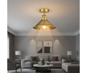 LEDSone Vintage Ceiling Light Semi Flush Mount Yellow Brass 22cm Metal Cone Lampshade Ceiling Light Fixture with E27 Holder for Bedroom Livingroom Kitchen Hallway Without Bulb