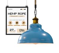 LEDSone Vintage Ceiling Pendant Light Fitting, 29cm Blue LampshadeTwisted Braided Flex,E27 Lamp Holder Suspended Hemp Rope Pendant Light Fitting Kit