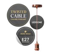 LEDSone Vintage Ceiling Pendant Light Fitting Kit-E27 Copper Lamp Holder with Twisted Braided Flex and Ceiling Rose-Retro Industrial Style Hanging Light in Antique Brass Finish