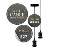 LEDSone Vintage 2 Pack Ceiling Pendant Light - Shiny Black Metal E27 Lamp Holder with 95cm Twisted Braided Adjustable Cable for Kitchen, Living Room, Dining or Restaurant