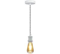 LEDSone White Vintage Metal Ceiling Pendant Light Fitting, Grey Twisted Braided Flex 1m Cable, E27 Lamp Holder Suspended Pendant Light Fitting Kit for Indoor Lightings
