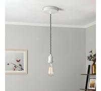 LEDSone White Vintage Metal Ceiling Pendant Light Fitting, Grey Twisted Braided Flex 1m Cable, E27 Lamp Holder Suspended Pendant Light Fitting Kit for Indoor Lightings