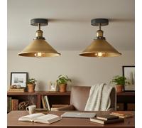 LEDSone Vintage Flush Mount Ceiling Lamp E27 Ceiling Light Fixture Easy Fit Rust Free Durability Long Lasting Metal 22cm Yellow Brass Cone Shade 2 Pack Living Room and Hallway Lighting with Bulb