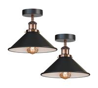 LEDSone 2 Pack Vintage Style Conical Semi Flush Ceiling Light with E27 Base Holder and 22cm Black Inner Inner Lampshade Perfect for Kitchen Bedroom Hallway Living Room with Bulb