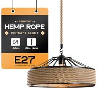 LEDSone Vintage Hemp Rope Pendant Light with 40cm Hemp Rope arounded Wire Cage Hanging Ceiling Pendant Decorative Light Fixture for Restaurant and Any Other (Bulb not Included)