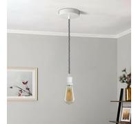 LEDSone White Vintage Metal Ceiling Pendant Light Fitting, Grey Twisted Braided Flex 1m Cable, E27 Lamp Holder Suspended Pendant Light Fitting Kit for Indoor Lightings