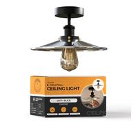 LEDSone Vintage Industrial Semi-Flush Mount Ceiling Light Lamp Metal 22cm Flat Lamp Shade Indoor Light Fitting for Bars, Restaurants, Kitchen, Bedroom (Chrome 2, with Bulb)