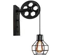 LEDSone Vintage Industrial Wall Light Loft Pulley Wheel Lamp Retro Wall Sconce E27 Bulb Base with Wire Cage for Indoor Light Home, Café, Kitchen, Restaurant (Black with Bulb)