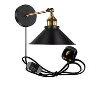 LEDSone Vintage Industrial Wall Sconce with Adjustable Arm Plug-in Cord and Metal Shade - Black and Brass Wall Lamp for Bedroom Plug in Wall Light- Easy Installation E27 Bulb Compatible (Black)