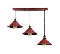 LEDSone Vintage Metal 3 Head Light Industrial Pendant Lamp, Rustic Red Metal Light Cone Shade, Hanging Ceiling Light E27 Holder Fitting with 50cm Ceiling Plate