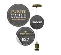 LEDSone Vintage Pendant Light Fitting Kit - Metal Ceiling Rose with Green Brass Twisted Braided Flex Cable & E27 Lamp Holder - Industrial Hanging Light Fixture Retro Indoor Lighting