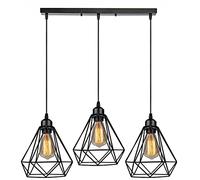 LEDSone Vintage Retro 3 Way Ceiling Pendant Light Cluster Light Fitting Black Diamond Shaped Wire Cage Lampshades, UK E27 Holder Lighting Kit, Black