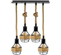 LEDSone Vintage Retro 3 Way Pendant Lamp, Manila Style Hemp Rope Cage Shade Hanging Pendant Ceiling Lights with Adjustable Cable for Kitchen Island, Living Room (Rectangle 4way)