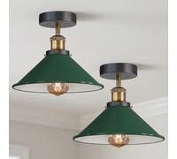 2 Pack Vintage Semi Flush Mount Ceiling Light with 22cm Green Cone Shade and E27 Base Lampholder for Kitchen Living Room Bedroom with Bulb Easy to Install Durable Metal Energy Efficient A+++