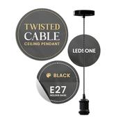 LEDSone Vintage Shiny Black E27 Pendant Light Fitting - Twisted Braided Cable Ceiling Lamp Holder Kit for Indoor Hanging Lighting in Kitchen, Dining Room, Bar, Cafe, Loft