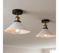 LEDSone Vintage Style Semi Flush Ceiling Light 2 Pack E27 Lampholder Metal 22cm Metal White Cone Shade Indoor Ceiling Lighting for Kitchen Living Room Hallway with Bulb