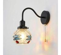 LEDSone Vintage Tiffany Style Wall Light Pull Cord Switch Dragonfly Pattern 15cm Glass Wall Lamp E27 Indoor Sconce Bedroom Hallway Lighting Retro Classic Home Decor UK