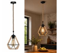 LEDSone Pendant Light Fitting with Shade 18cm Hemp Cage Pendant Light E27 Metal Wire Basket Light Industrial Ceiling Pendant Adjustable1m Rope Hanging Lights for Kitchen