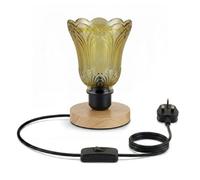 Ledsone Wooden Nightstand Lamp With Tea Brown Fluted Glass Shade E27 Plug In 2M Cable Inline Switch For Bedroom Or Living