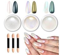 LEDSUUEI White Chrome Nail Powder - New High Glossy Pearl Green Aurora Metallic Mirror Nail Chrome Powders, 3pcs Glazed Donut Iridescent Holo Shimmer Chrome Powder for Gel Nails Glitter Salon DIY Set