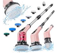 Leebein Electric Spin Scrubber, Cordless Cleaning Brush with 8 Replaceable Brush Heads, Extendable Long Handle Bathroom Cleaning Scrubber, 300/400RPM Spin Scrubber for Bathroom Floor Tile (Rose)