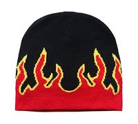 LeeCAE Y2K Flame Knit Slouchy Skull Cap Graphic Beanie - Red