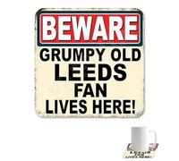Leeds United Beer Mats, BEWARE GRUMPYOLD LEEDS FAN LIVESHERE! Square Ceramic Coasters with Cork Backing for Hot or Cold Drinks, Leeds United Gifts for Men, Enthusiasts