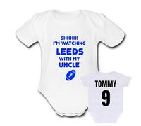 LEEDS WITH MY UNCLE rugby present from for a gift Unique Baby Vest Grow Babygrow Cute league PERSONALISED Custom Boys Girls Unisex union RHINOS