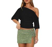 LEEDYA One Shoulder Tops for Women Sexy Date Night Top Summer Cute Going Out Trendy 2026 Ruched Asymmetrical Dolman Y2K T Shirts Black XS