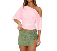 LEEDYA Women One Shoulder Tops Sexy Date Night Top Summer Cute Going Out Trendy Ruched Asymmetrical Dolman Y2K T Shirts Pink L