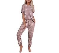 LEEDYA Women's 2 Piece Pjs Sets 2026 Summer Tie Dye Pajama Set Short Sleeve Shirt and Long Pants Great Birthday Gift Purple-Red L