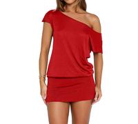 LEEDYA Women's Off The Shoulder Bodycon Mini Dress Asymmetrical Neck Dresses Stretchy Summer Party Casual Dress Red M