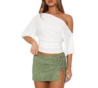 LEEDYA Women's Off The Shoulder Side Ruched Crop Top Asymmetrical Short Sleeve Summer Going Out Blouses Y2K T Shirts White S