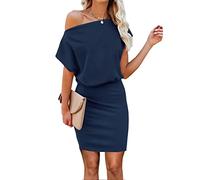 LEEDYA Women's Summer Off Shoulder Bodycon Sweater Dress 2026 Spring Formal Long Sleeve Elegant Club Party Mini Dresses Navy Blue M
