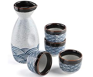 Leegg Japanese Ceramic Sake Set - 1.7L Pot, 4 White Sake Cups - Warmers (1 Pot, 4 Cups)