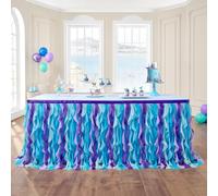 leegleri 9FT/108inch Mermaid Curly Willow Tulle Ruffle Table Skirt Rectangle Tables or Round Tables, Blue Tutu Table Skirt for Baby Shower Baby Shark Birthday Party