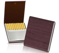 Leehoom Portable Slim Leather Cigarette Case Regular Size Cigarette Pocket Holder for Hold 10 Regular Size - One-Hand Operate Leather Stainless Steel Cigarette Case Box for Men and Women, Wood Red