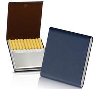 Leehoom Portable Slim Leather Magnetic Cigarette Case, Holds 10 Regular Size - Stainless Steel Interior, Navy Blue