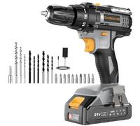 LEEIKOO Cordless Drill, 21V Electric Drill 42N.m with 2.0Ah Battery, Combi Set 10mm Chuck, 2 Speeds, 18+1 Torque, LED Light, 20pcs Drill Set for Garden DIY Project, Grey