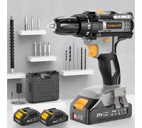 LEEIKOO Cordless Drill, Power Drill 21V, Combi Drill Set 42N.m with 2 Batteries 2.0Ah, 10mm Chuck, 2 Speeds, 18+1 Torque, LED Light, 14pcs Drill Set for Garden DIY Project, Grey
