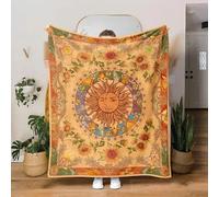 Leeisysme Orange Sun and Moon Fleece Throw Blanket, 70s Vintage Boho Sunflowers Constellation Cozy Decor Nap Blankets for Sofa Bed Couch Chair or Dorm Throws 60×80 inches