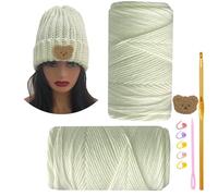 LEEJOPO Beanies Hat Crochet Kit for Beginners Crochet Kit with Step-by-Step Videos Tutorials Beginner Knitting Fisherman Hat Kit for Adults Easy Starter Yarn Kits for Crocheting (Milk White)