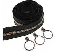 Leekayer #5 Antique Brass Metallic Nylon Coil Zippers by The Yard Bulk 10 Yards Black Tape With 25pcs Black-Antique Brass Sliders for DIY Sewing Tailor Craft Bag