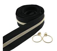 Leekayer #5 Gold Metallic Nylon Coil Zippers by The Yard Bulk 10 Yards Black Zipper Tape with 25pcs Gold Ring Pull Sliders for DIY Sewing Tailor Craft Bag(Black)