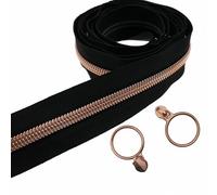 Leekayer #5 Rose Gold Metallic Teeth Nylon Coil Zippers by The Yard Bulk 10 Yards Black Zipper Tape with 25pcs Rose Gold Ring Pull Sliders for DIY Sewing Tailor Craft Bag(Black)