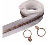Leekayer #5 Rose Gold Metallic Teeth Nylon Coil Zippers by The Yard Bulk 10 Yards White Zipper Tape with 25pcs Rose Gold Ring Pull Sliders for DIY Sewing Tailor Craft Bag(White)